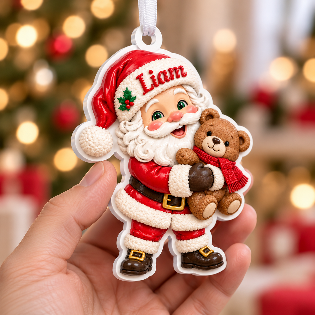 Santa Claus Holding Teddy Bear Acrylic Holiday Tree Decoration - 3D Relief Ornament