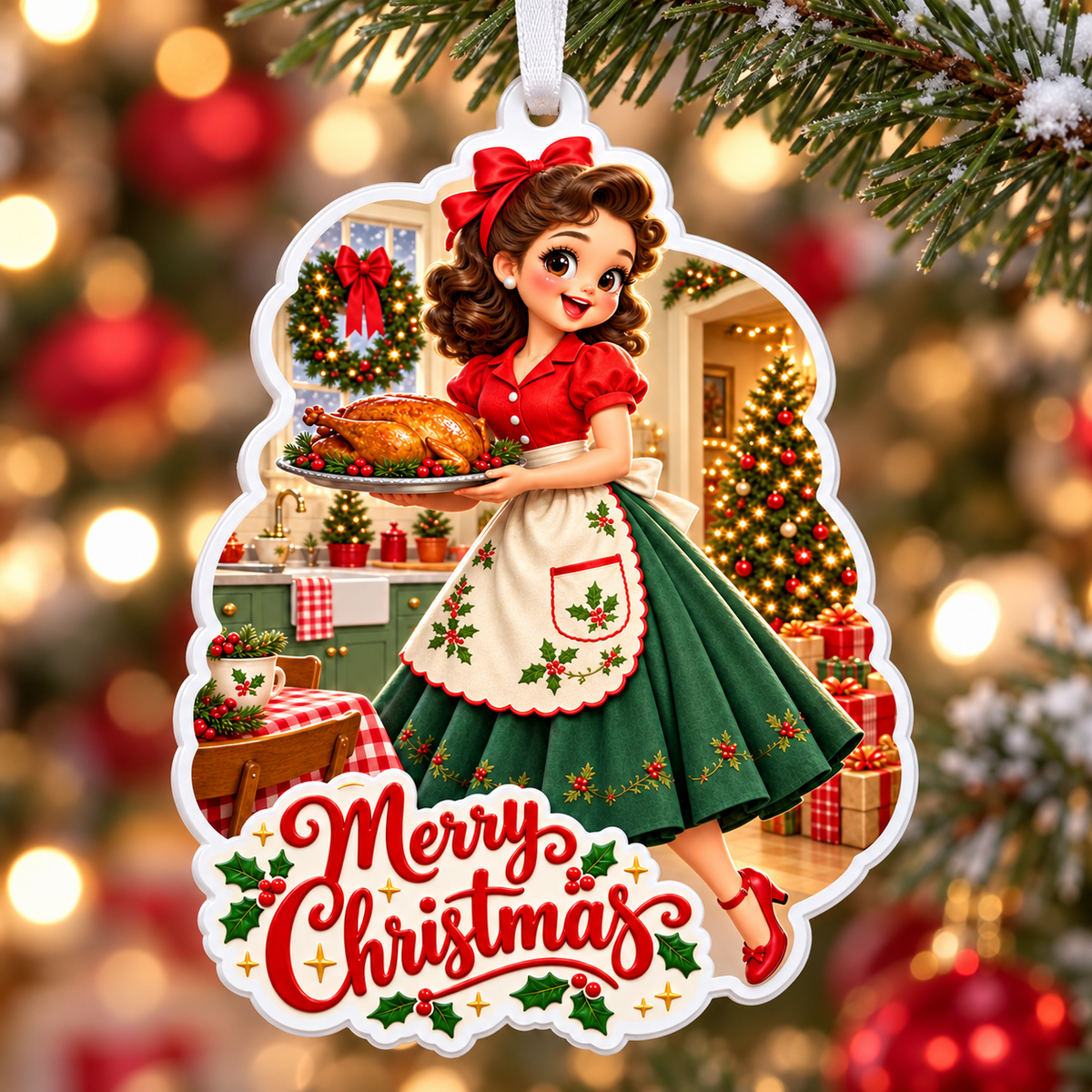 Retro Holiday Homemaker with Roast Turkey Acrylic Holiday Keepsake - 3D Relief Ornament