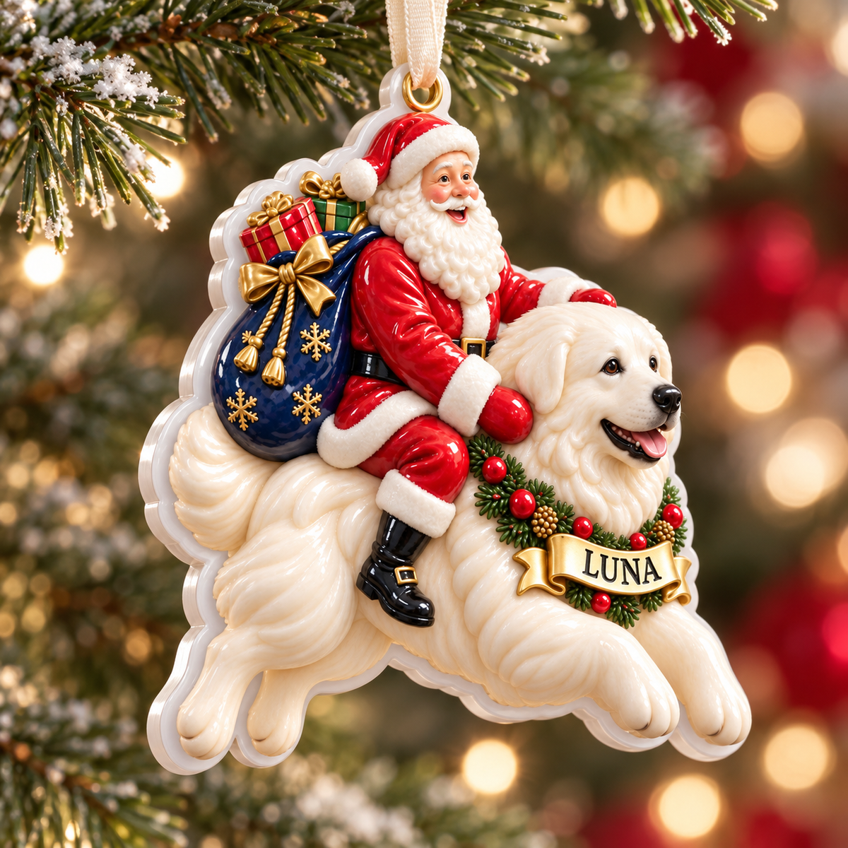 Great Pyrenees Santa Claus Christmas Tree Hanging Decoration - 3D Relief Ornament