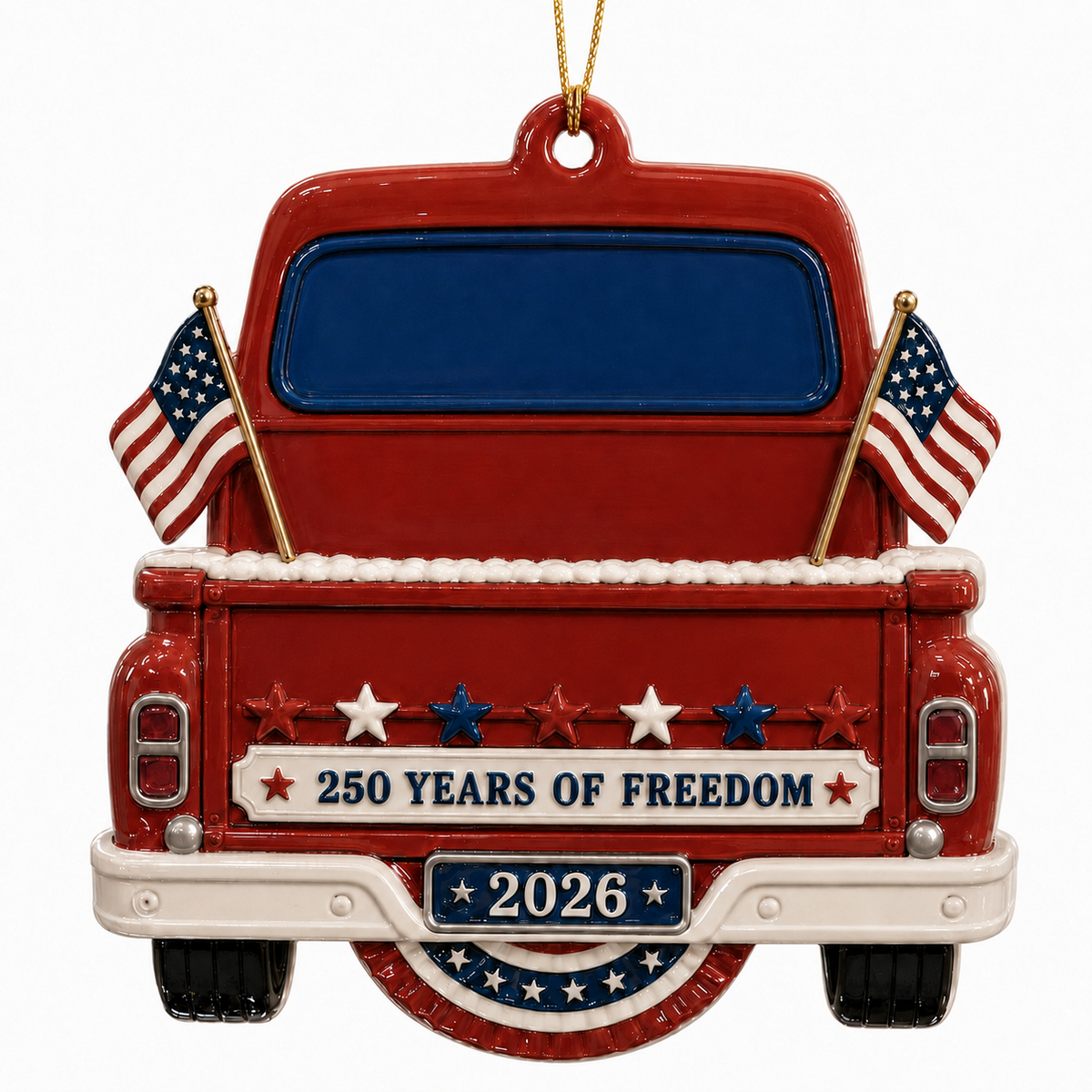 Christmas Snowman Pickup Truck Holiday Decor, Patriotic Red White Blue Design - 3D Relief Ornament