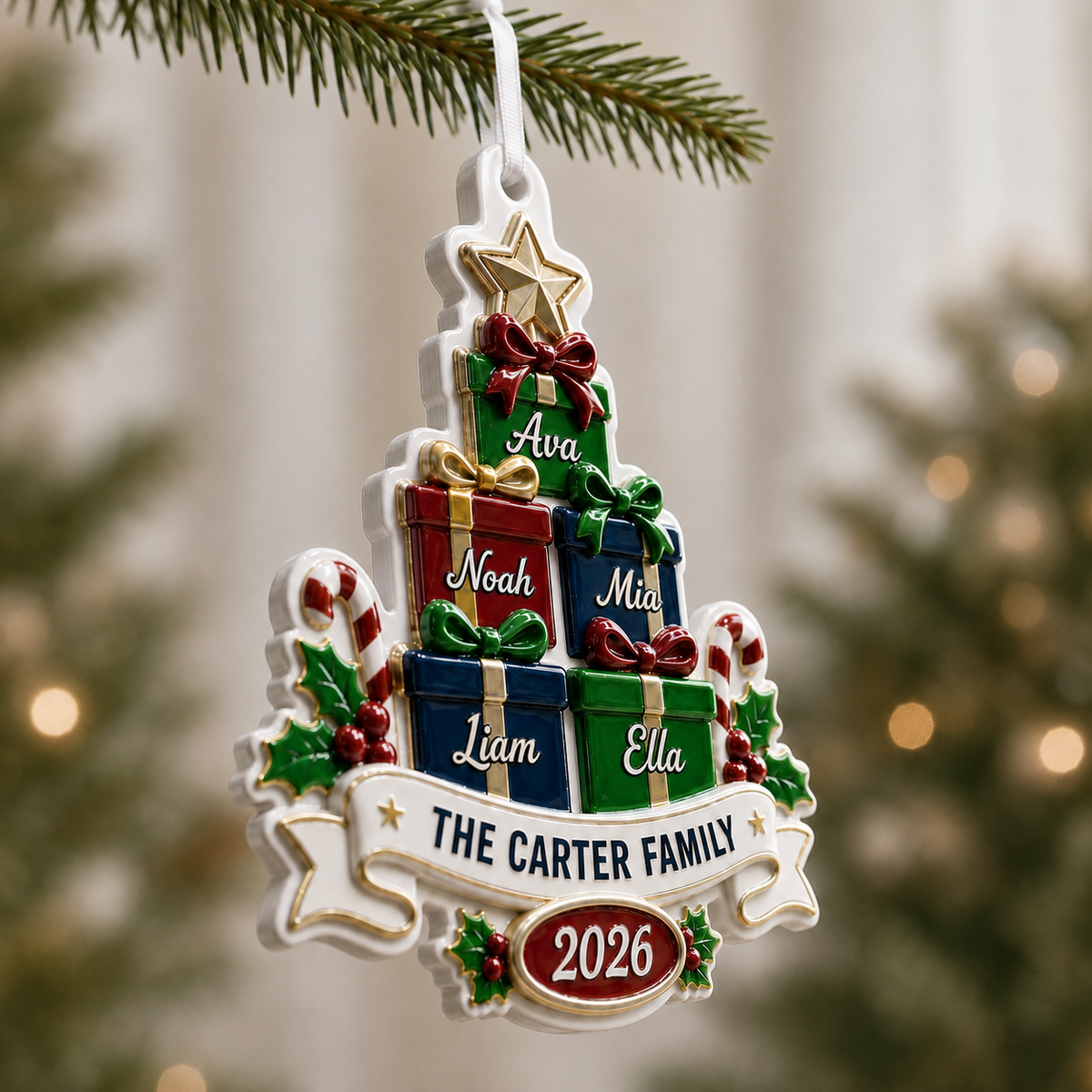 Personalized Christmas Tree Family Decoration with Stacked Gifts, 2026 Holiday Family Name Design - 3D Relief Ornament
