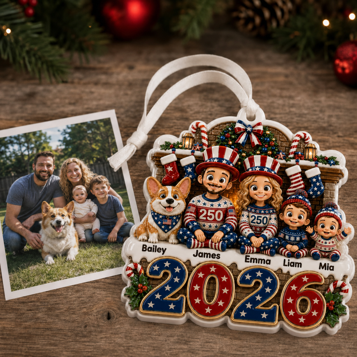 Christmas Family Decoration with Cartoon Family and Dog, 2026 Patriotic Red White Blue Design - 3D Relief Ornament