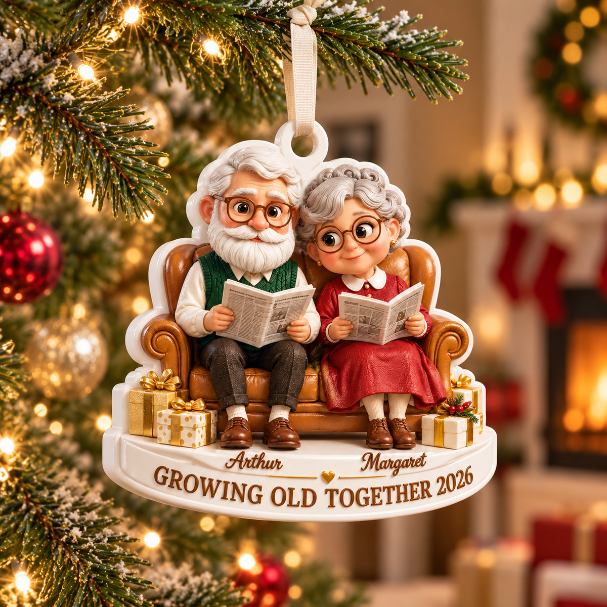 Elderly Couple on Couch Christmas Holiday Keepsake - 3D Relief Ornament