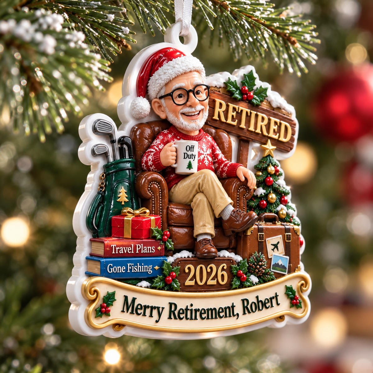 Retirement Christmas Holiday Tree Keepsake with Armchair and Golf Bag - 3D Relief Ornament