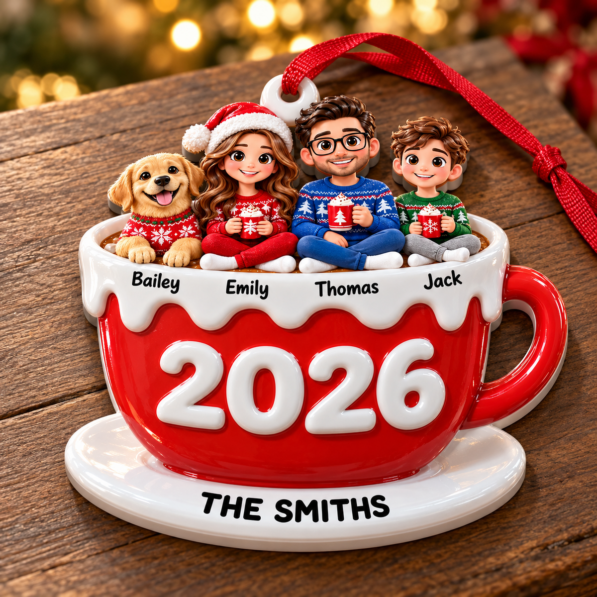 Family of Three with Dog in Hot Cocoa Mug Holiday Keepsake - 3D Relief Ornament