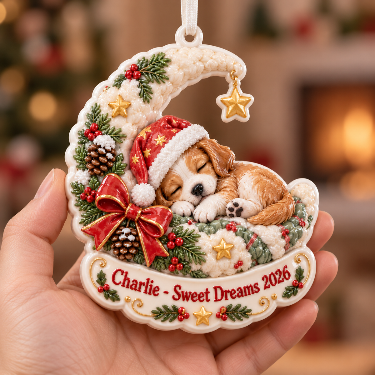 Sleeping Puppy on Crescent Moon Christmas Tree Decor - 3D Relief Ornament