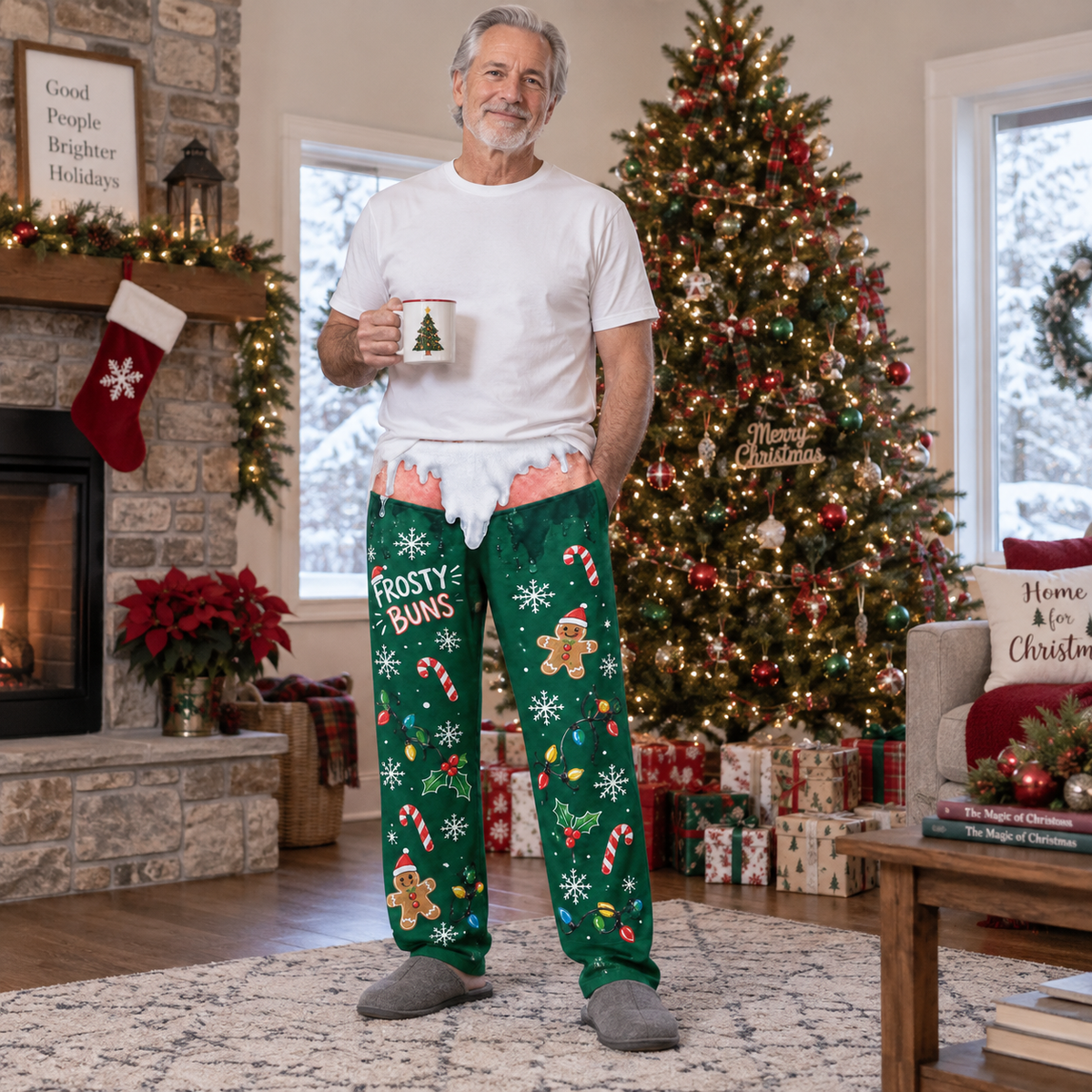 Mens Christmas Pajama Pants Frosty Buns Novelty Holiday Lounge Bottoms