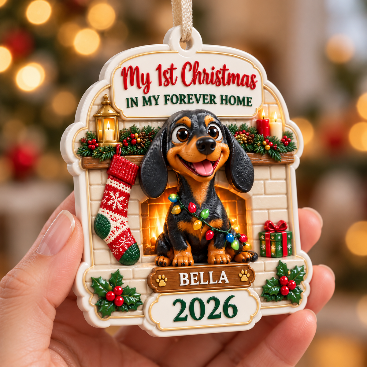 Dachshund Puppy by Fireplace First Christmas Dog Tag Keepsake - 3D Relief Ornament