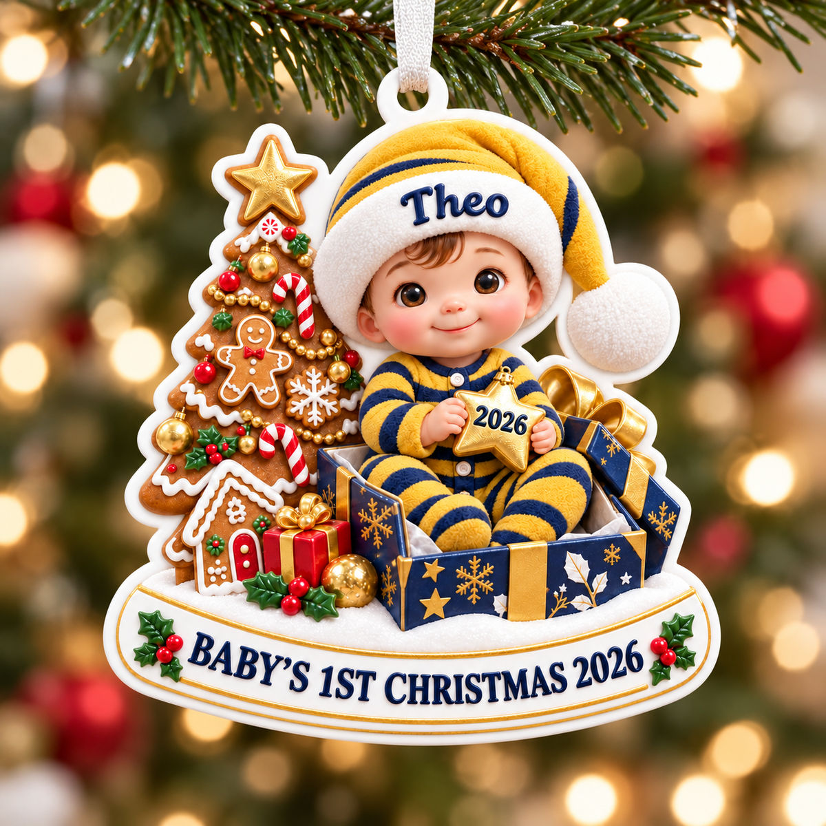 Baby's First Christmas Keepsake with Tree and Gingerbread Scene - 3D Relief Ornament
