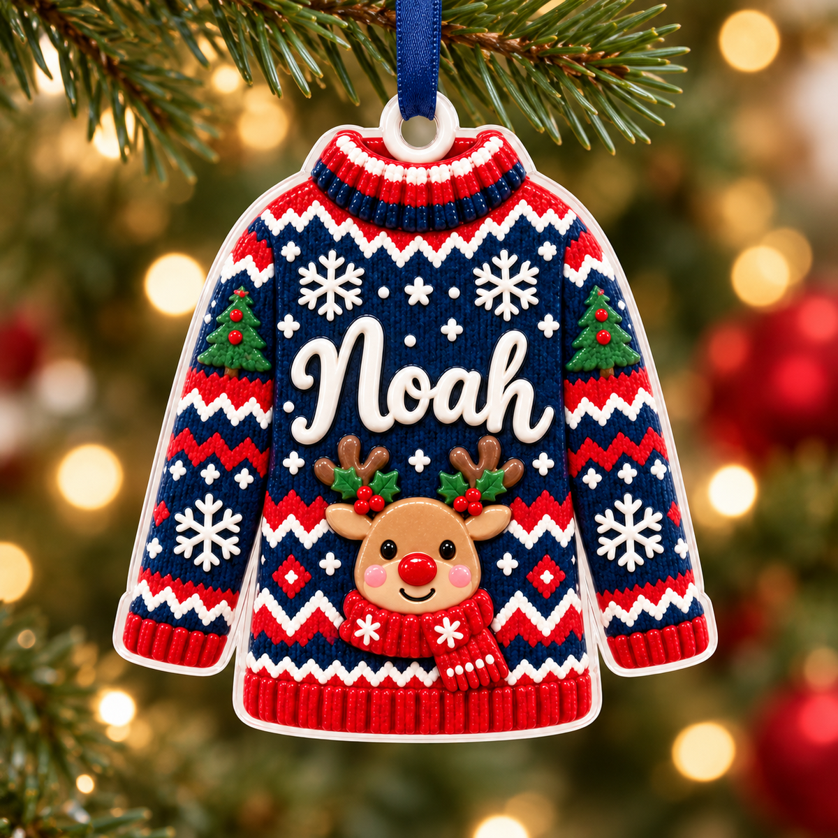 Ugly Christmas Sweater Reindeer Pattern Acrylic Holiday Keepsake - 3D Relief Ornament
