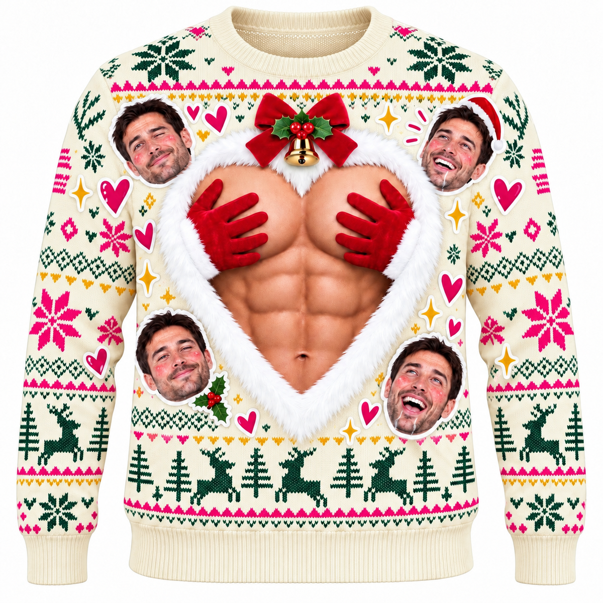 Funny Ugly Christmas Sweater Muscular Chest Heart Graphic Pullover