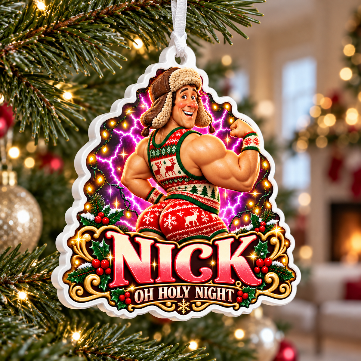 Humorous Muscular Man in Holiday Romper Acrylic Tree Hanging - 3D Relief Ornament