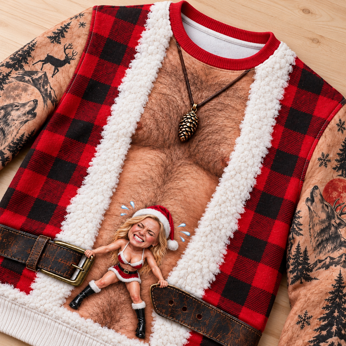 Funny Christmas Sweatshirt Hairy Chest Plaid Vest Tattoo Graphic