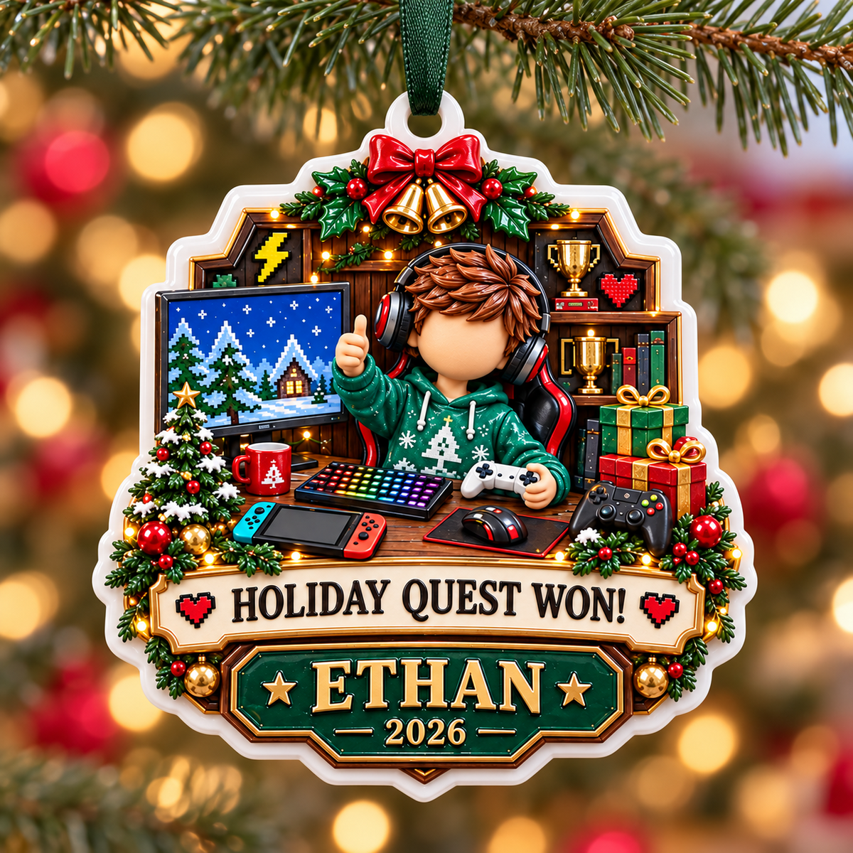 Video Gamer Holiday Quest Boy at Computer Desk Tree Decoration - 3D Relief Ornament