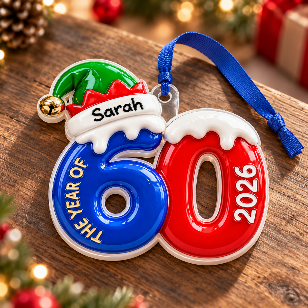 Milestone Birthday Number 60 Elf Hat Acrylic Hanging Keepsake - 3D Relief Ornament
