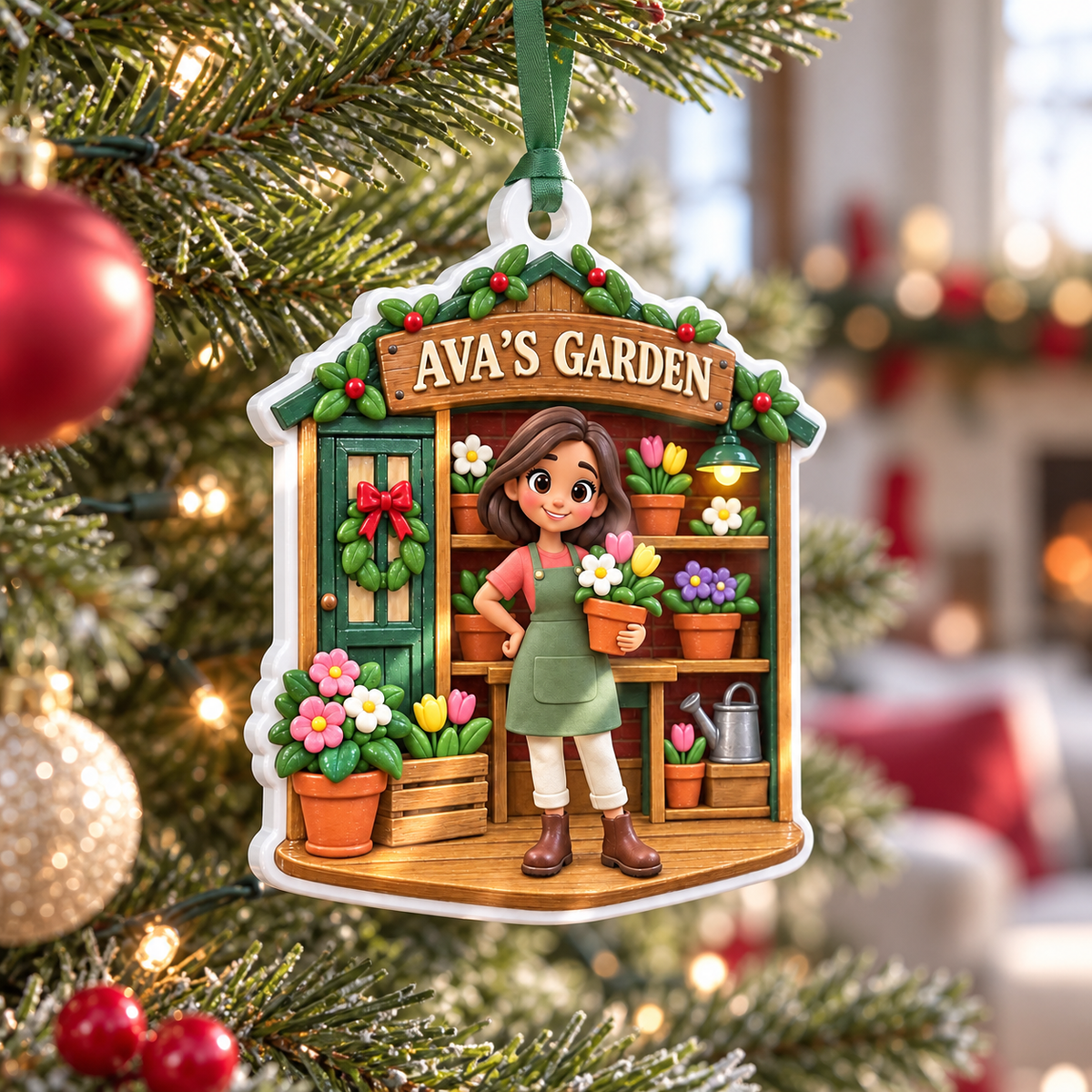 Female Gardener Potting Shed Flowers and Greenhouse Scene Hanging Keepsake - 3D Relief Ornament