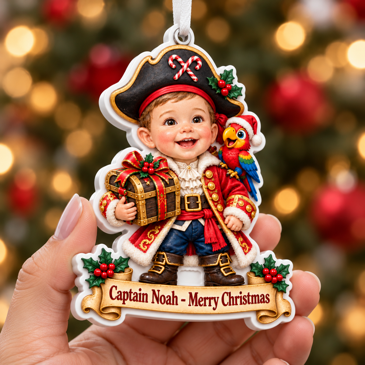 Little Pirate Boy with Parrot and Treasure Chest Acrylic Hanging Holiday - 3D Relief Ornament