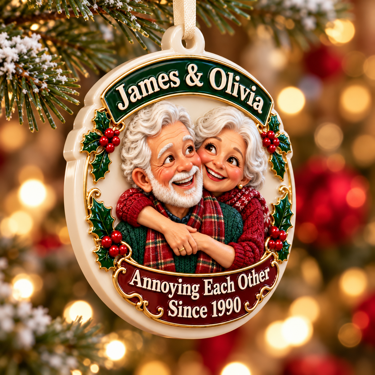 Elderly Couple Annoying Each Other Round Ceramic Holiday Keepsake - 3D Relief Ornament