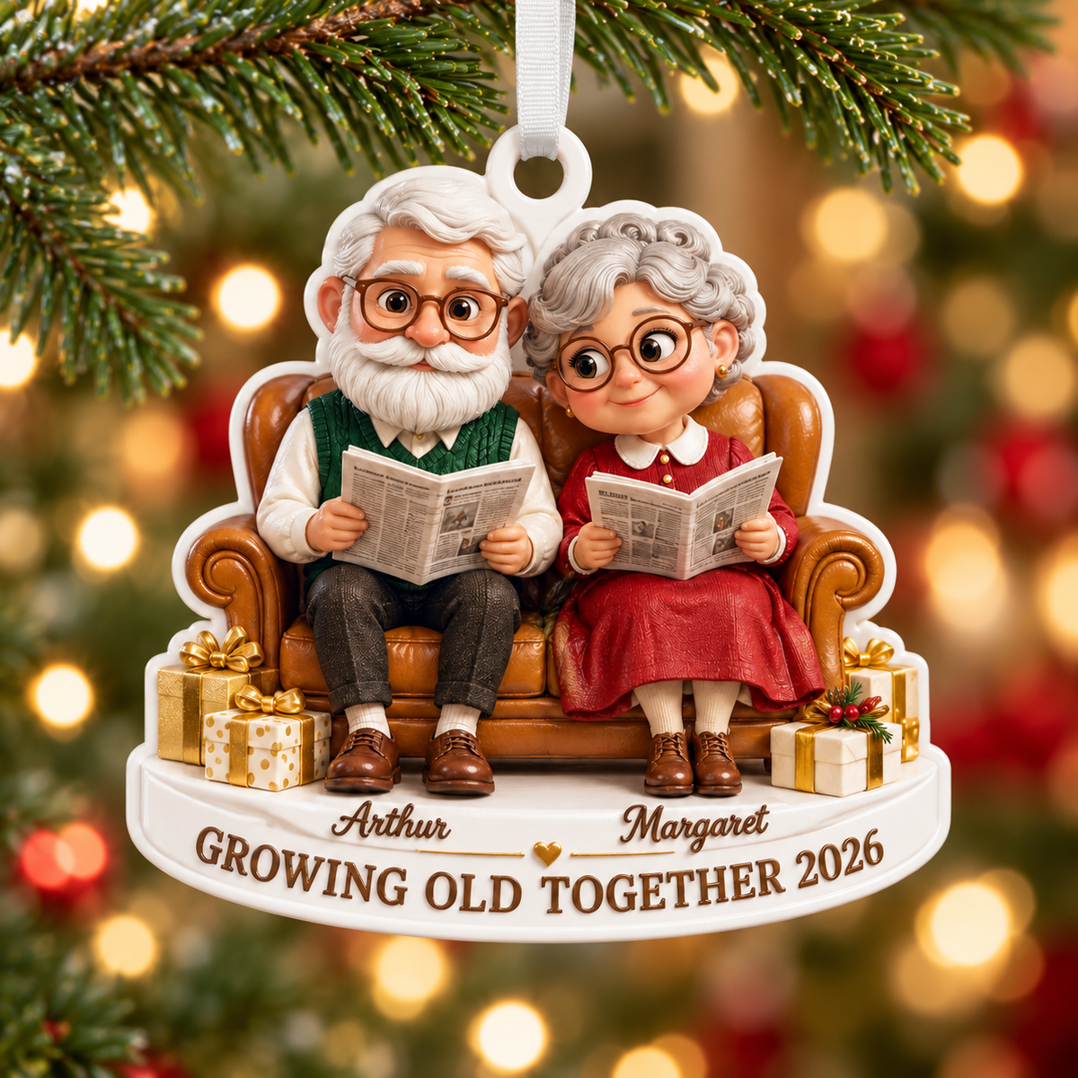 Elderly Couple on Couch Christmas Holiday Keepsake - 3D Relief Ornament