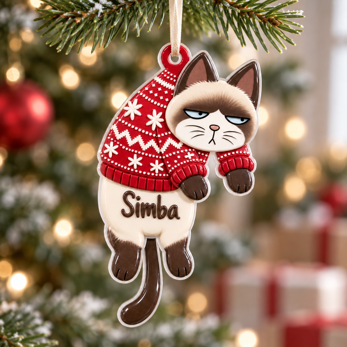 Dangling Seal Point Siamese Cat in Red Snowflake Winter Sweater - 3D Relief Ornament