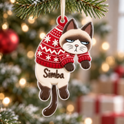 Dangling Seal Point Siamese Cat in Red Snowflake Winter Sweater - 3D Relief Ornament