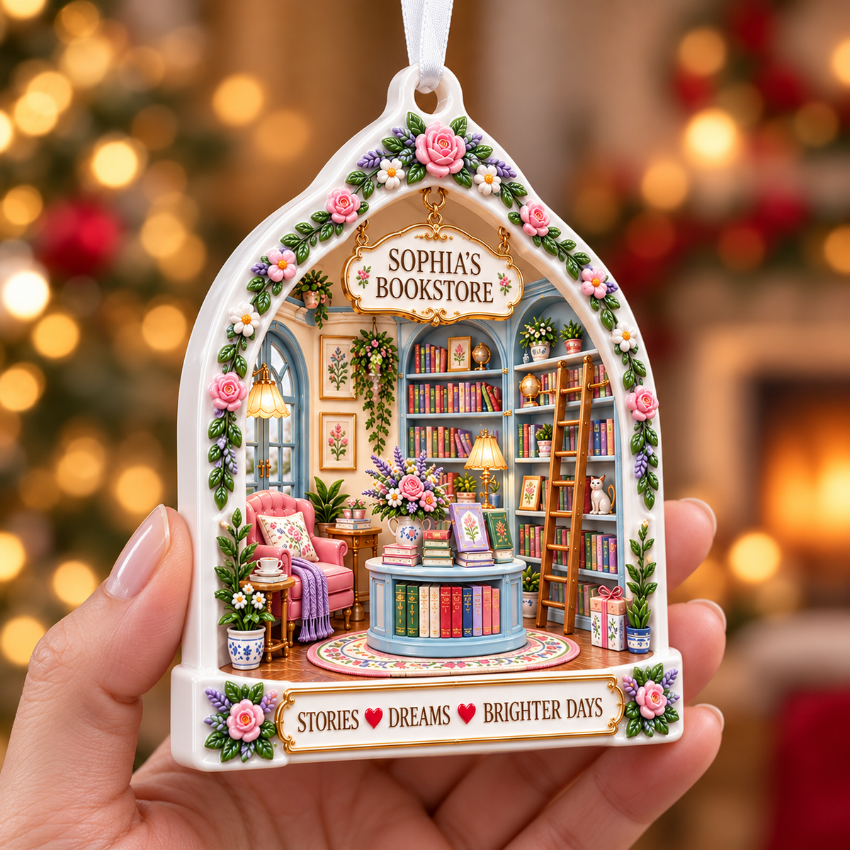 Floral Arch Cozy Bookstore Library Booklover Keepsake - 3D Relief Ornament