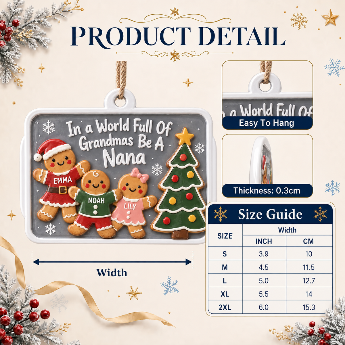 Nana Gingerbread Family Christmas Plaque, Rectangular Hanging Holiday Tree Decor - 3D Relief Ornament
