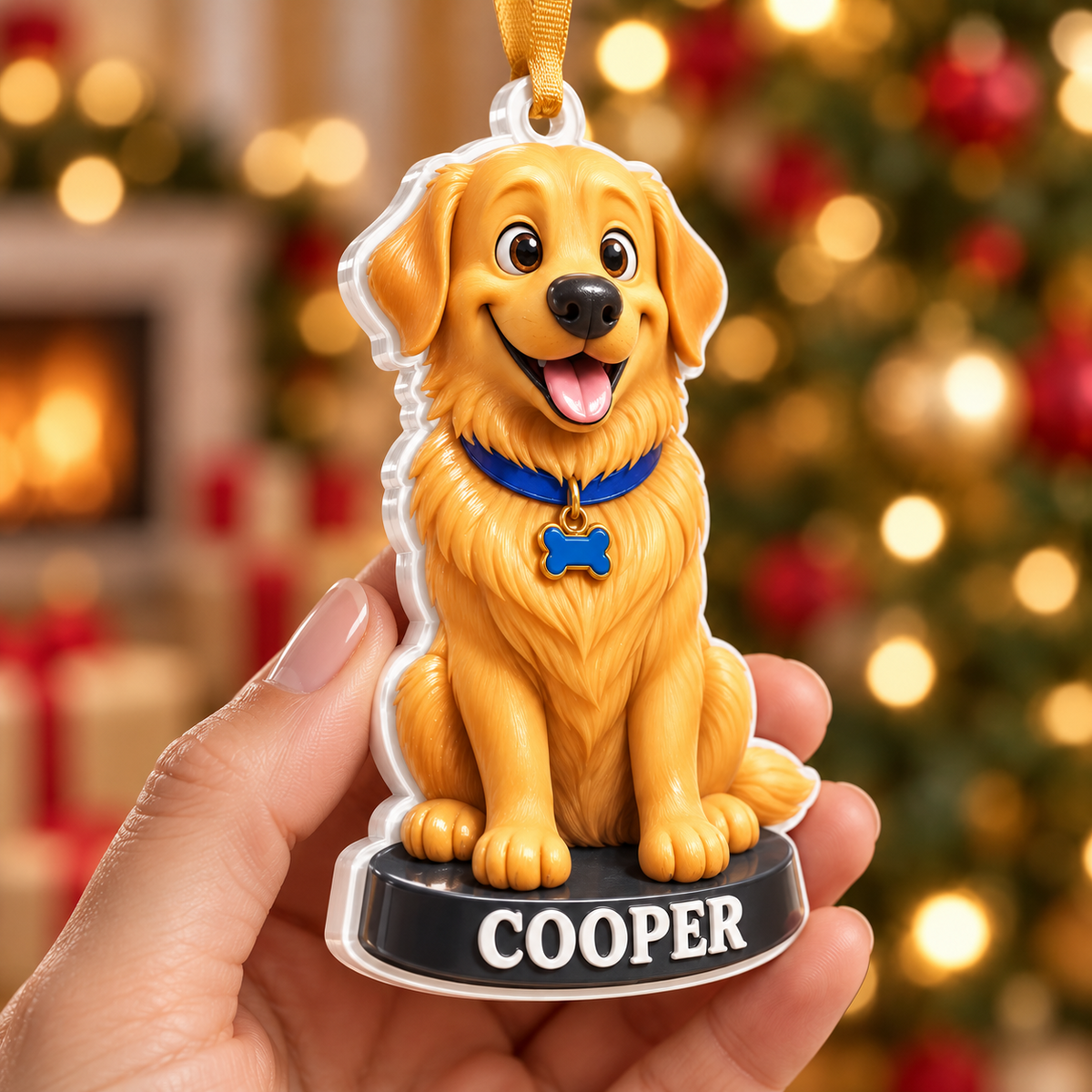 Golden Retriever Dog Holiday Tree Hanging Decoration, Yellow Puppy Figure - 3D Relief Ornament