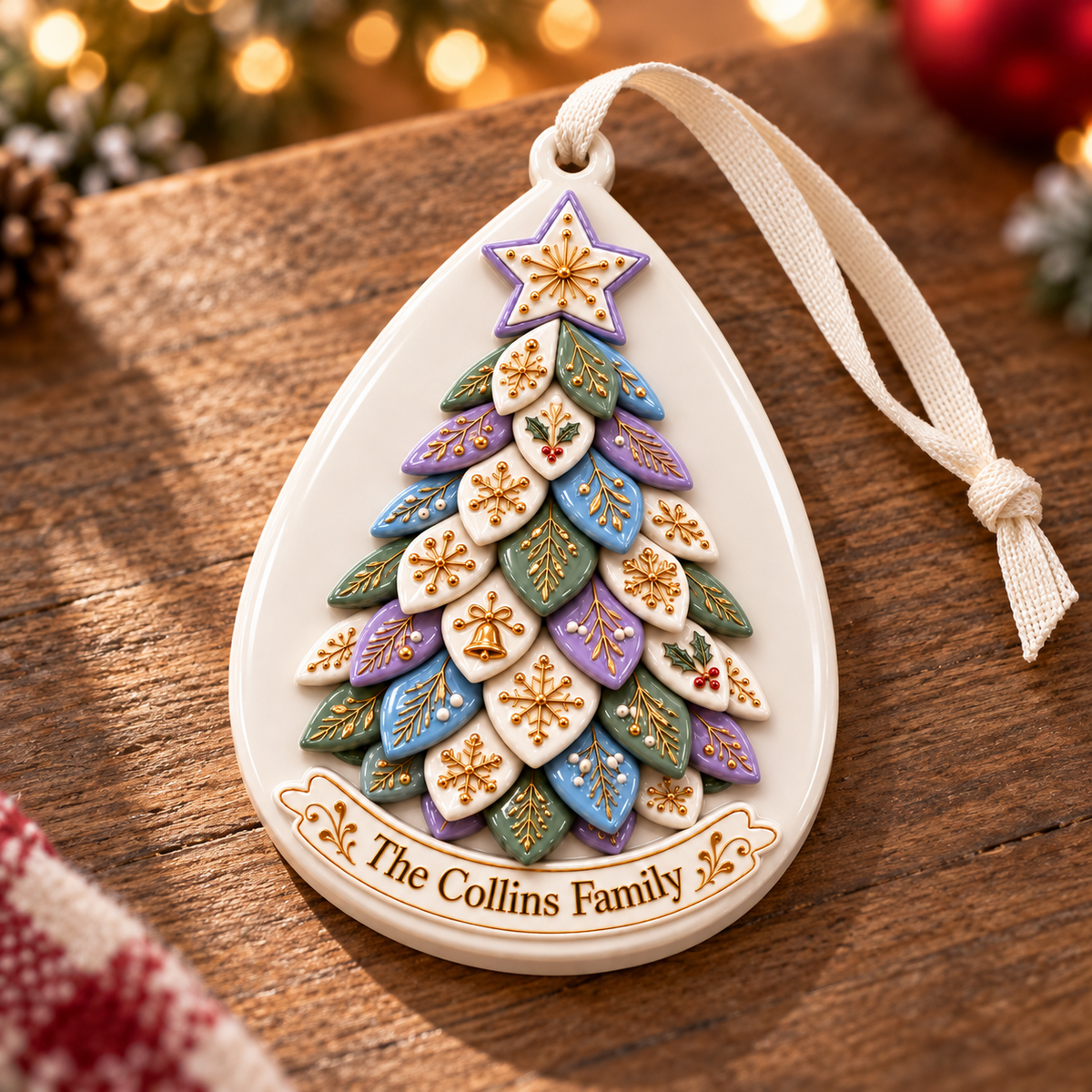 Acrylic Teardrop Christmas Tree Plaque with Gold Leaf Details - 3D Relief Ornament
