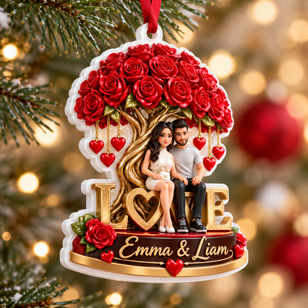 Couple Sitting Under Red Rose Tree Love Keepsake Acrylic Hanging Decor - 3D Relief Ornament