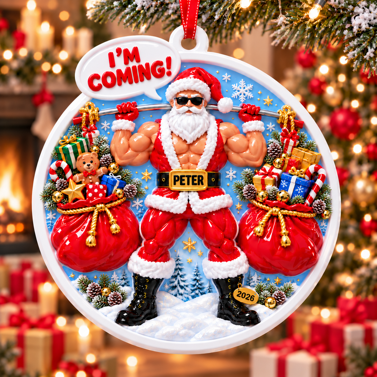 Muscular Weightlifting Santa Claus Round Acrylic Holiday Tree Hanging - 3D Relief Ornament