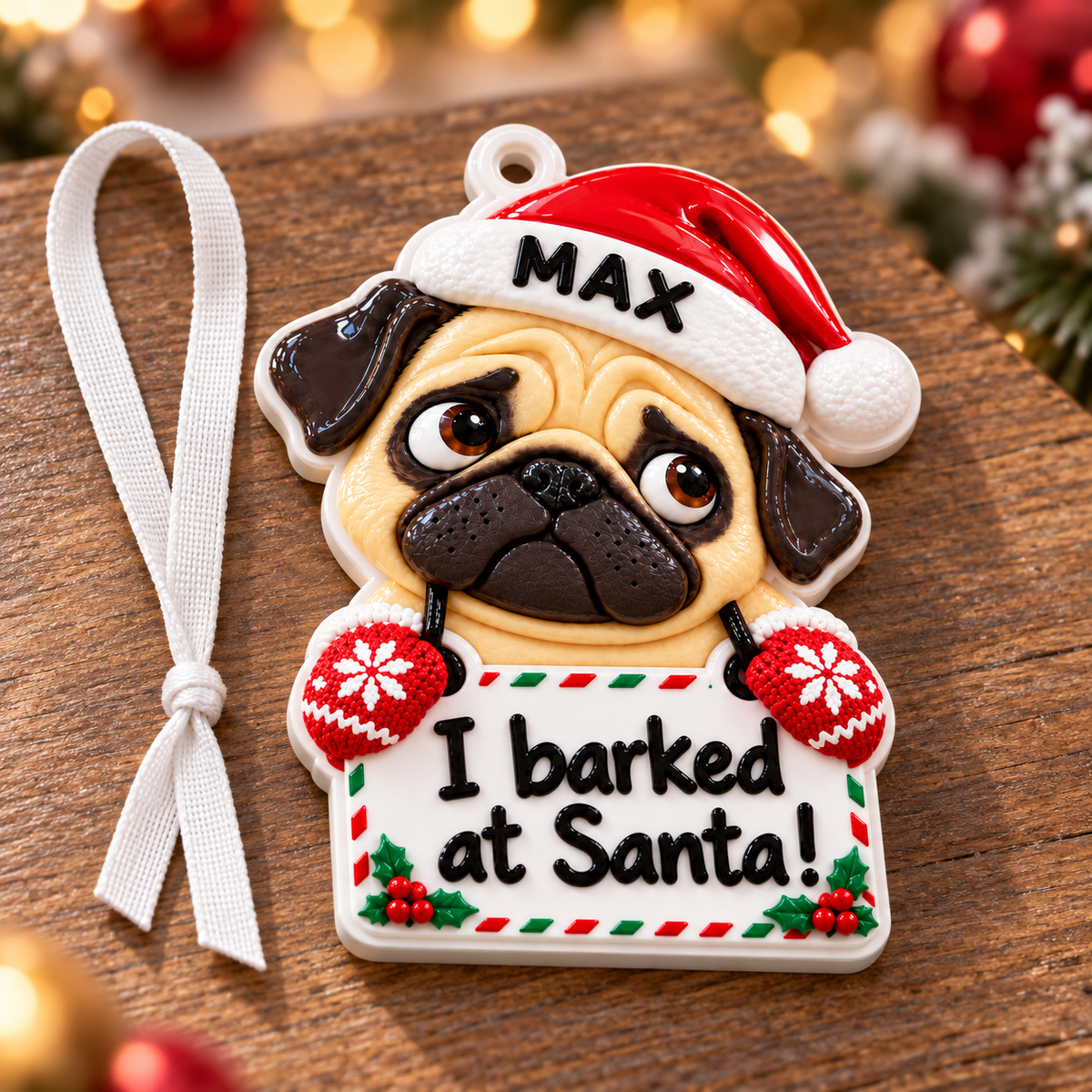 Christmas Pug Dog with Santa Hat and Confession Sign Hanging Holiday Keepsake - 3D Relief Ornament