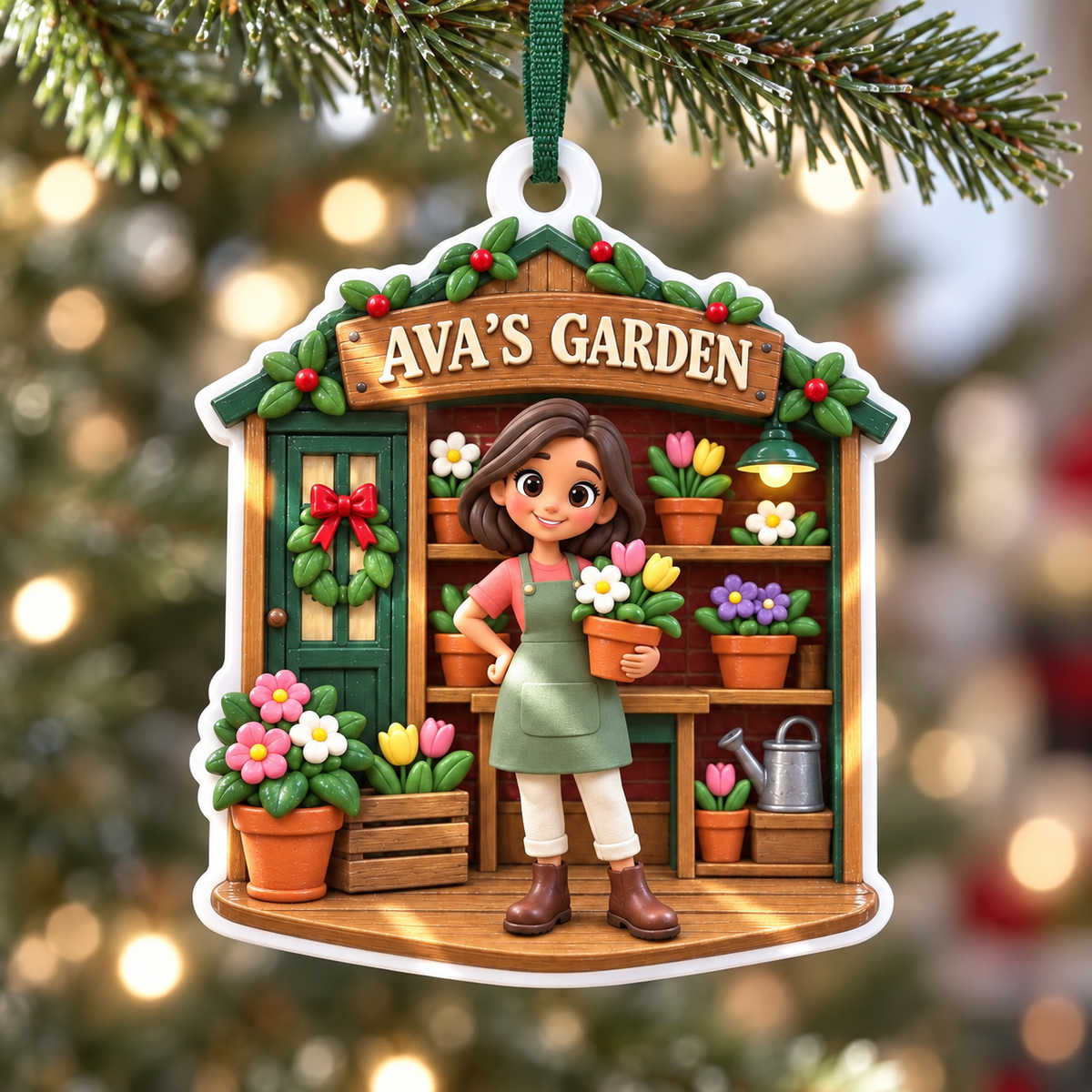 Female Gardener Potting Shed Flowers and Greenhouse Scene Hanging Keepsake - 3D Relief Ornament