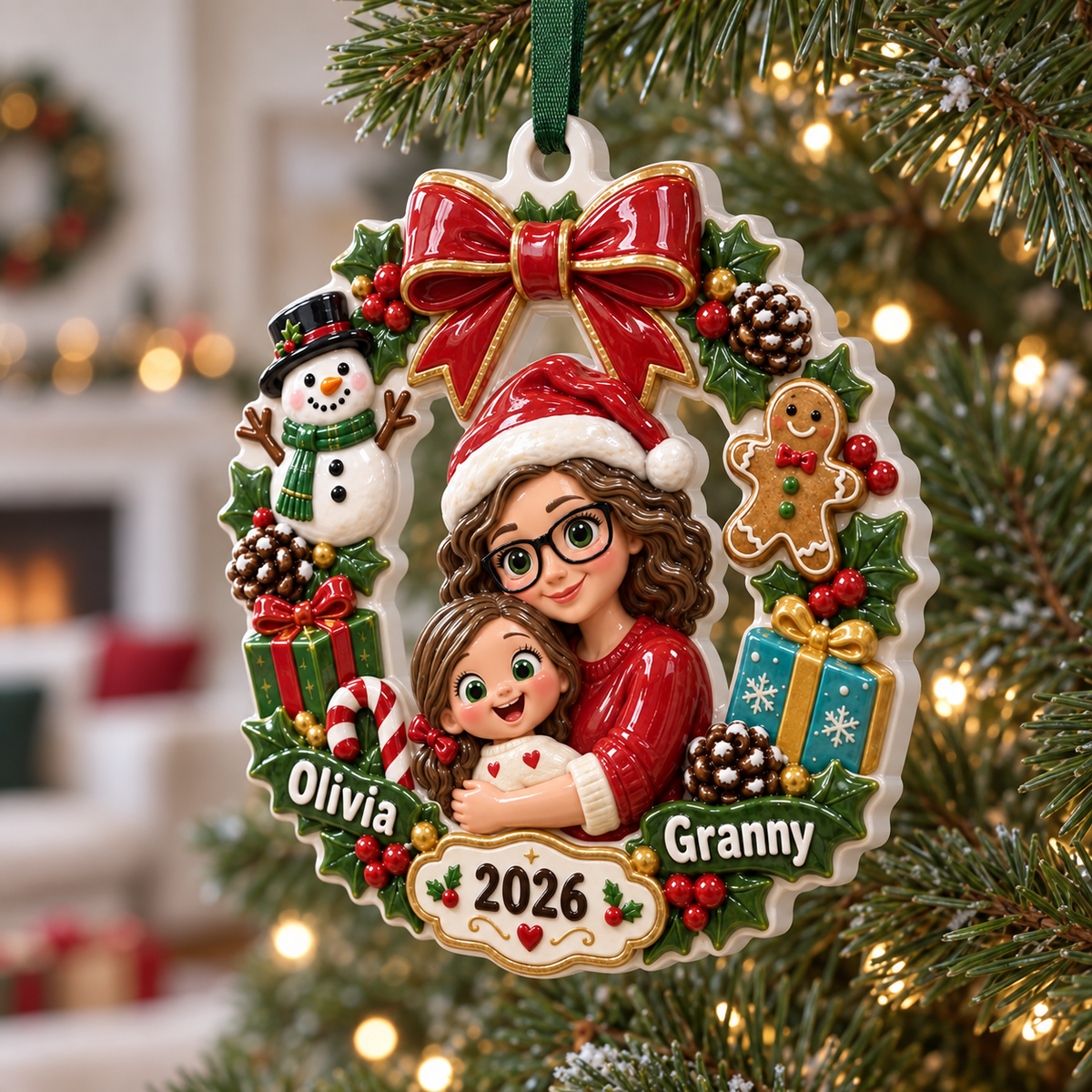 Grandmother and Granddaughter Christmas Wreath Holiday Keepsake - 3D Relief Ornament