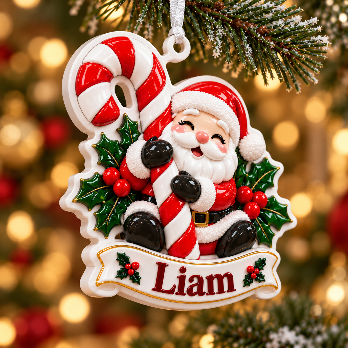 Santa Claus with Candy Cane Christmas Tree Hanging Plaque - 3D Relief Ornament