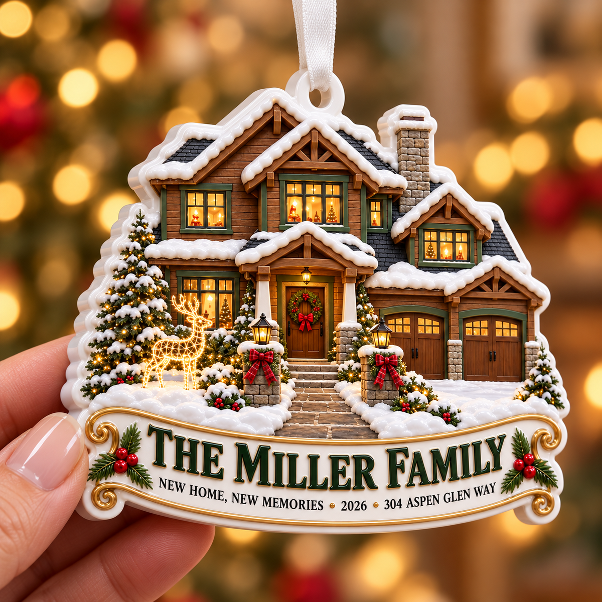 Snowy Winter House Holiday Keepsake with Ribbon Hanging Loop - 3D ...