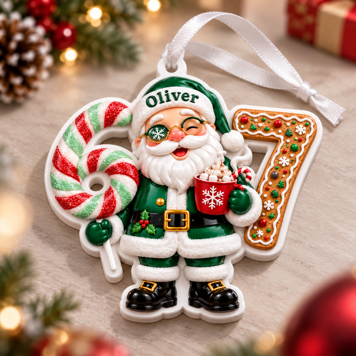 Green Santa Claus Number 67 Acrylic Christmas Tree Decoration - 3D Relief Ornament