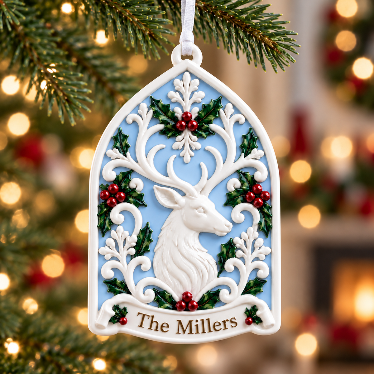 White Stag Deer Arch Acrylic Plaque with Holly Berry Flourish - 3D Relief Ornament