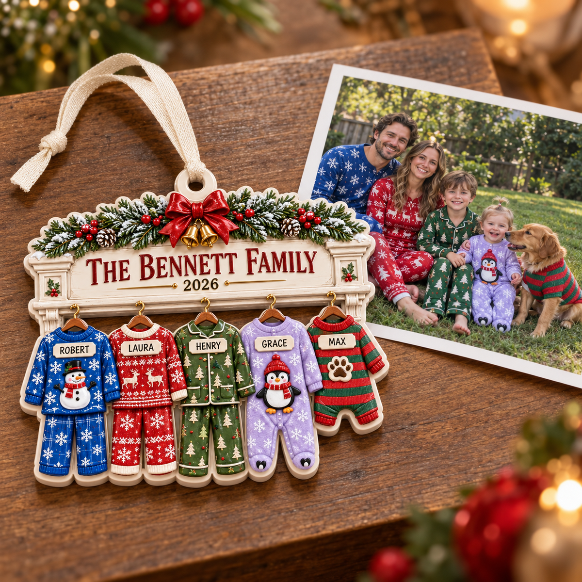 Family Pajamas Fireplace Mantle Hanging Holiday Keepsake - 3D Relief Ornament