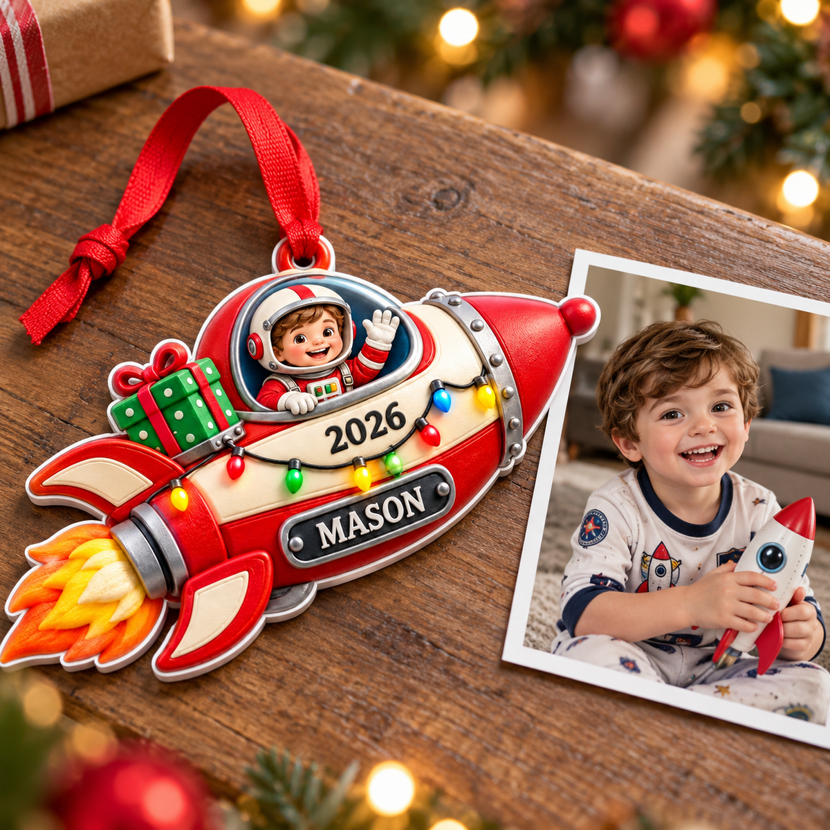 Astronaut Boy Flying Red Rocket Ship Holiday Tree Hanging Decor - 3D Relief Ornament