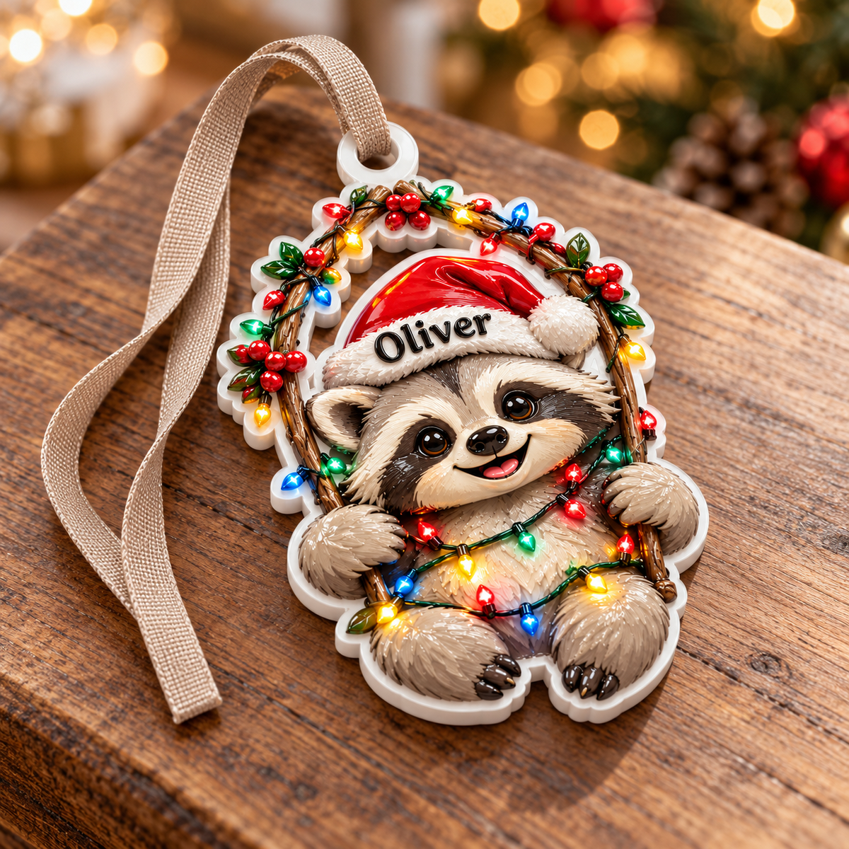 Baby Raccoon in Santa Hat with Christmas Lights Branch Wreath - 3D Relief Ornament