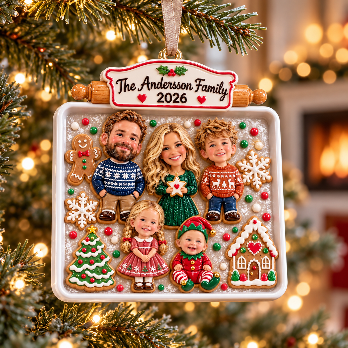 Baking Sheet Gingerbread Family of Five Holiday Keepsake - 3D Relief Ornament