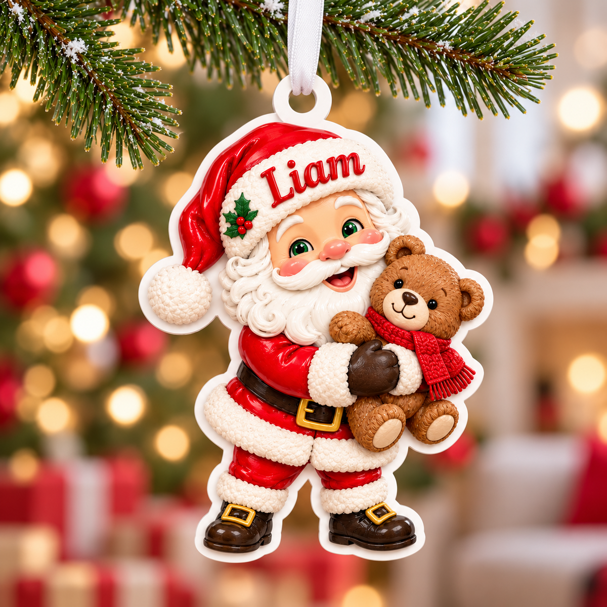 Santa Claus Holding Teddy Bear Acrylic Holiday Tree Decoration - 3D Relief Ornament