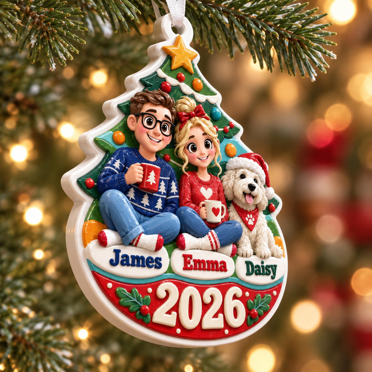 Couple with Pet Dog by Christmas Tree Holiday Keepsake Plaque - 3D Relief Ornament