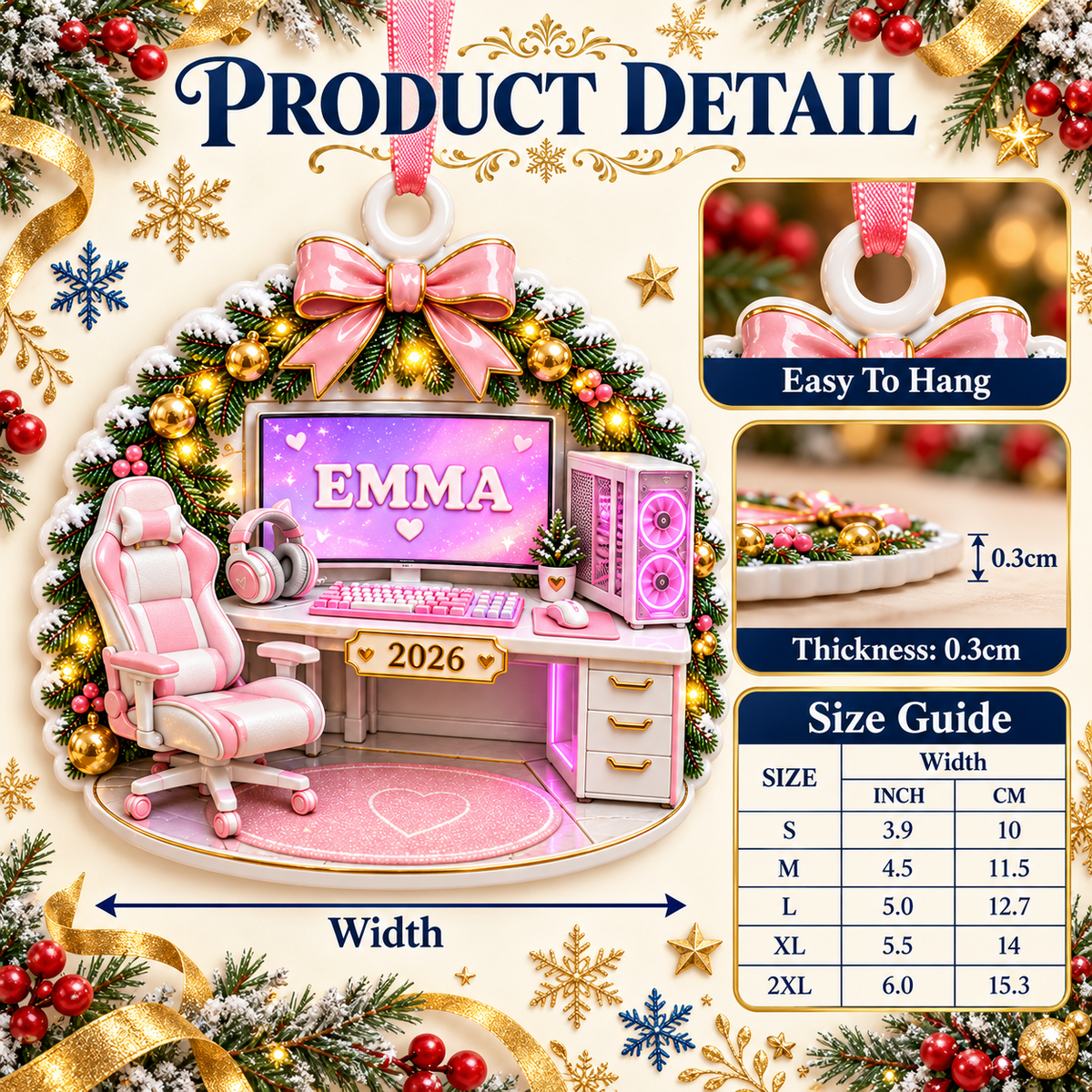 Gamer Girl Desk Setup with Pink Computer Chair and Wreath - 3D Relief Ornament