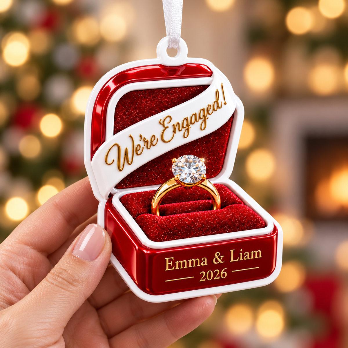 We're Engaged Red Velvet Ring Box Christmas Tree Keepsake - 3D Relief Ornament