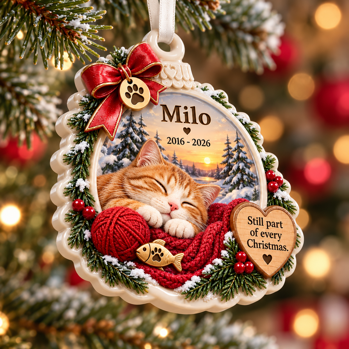 Sleeping Orange Tabby Cat Memorial Holiday Keepsake with Pine Wreath - 3D Relief Ornament