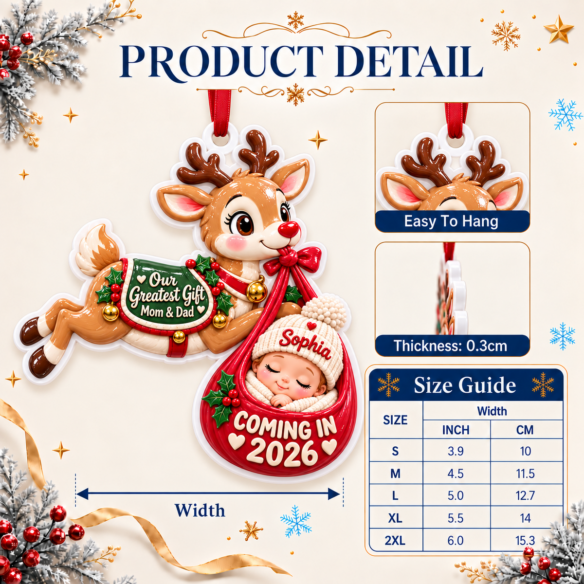 Flying Reindeer Baby Delivery Pregnancy Announcement Keepsake - 3D Relief Ornament