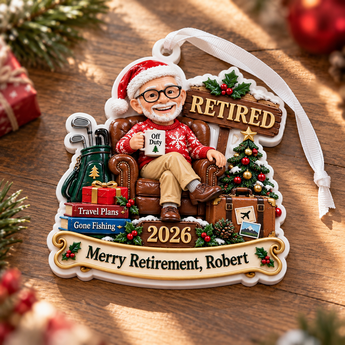 Retirement Christmas Holiday Tree Keepsake with Armchair and Golf Bag - 3D Relief Ornament