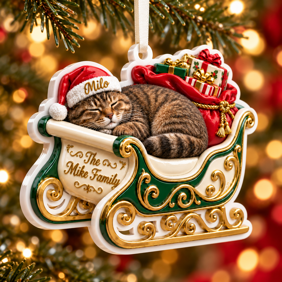 Sleeping Tabby Cat in Green and Gold Christmas Sleigh Holiday Decor - 3D Relief Ornament